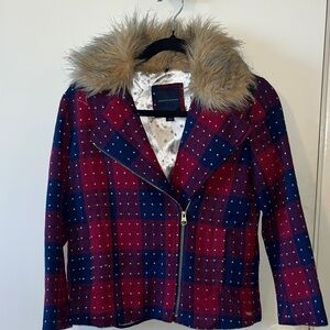 Tommy Hilfiger Red and Blue Plaid Jacket with Faux Fur